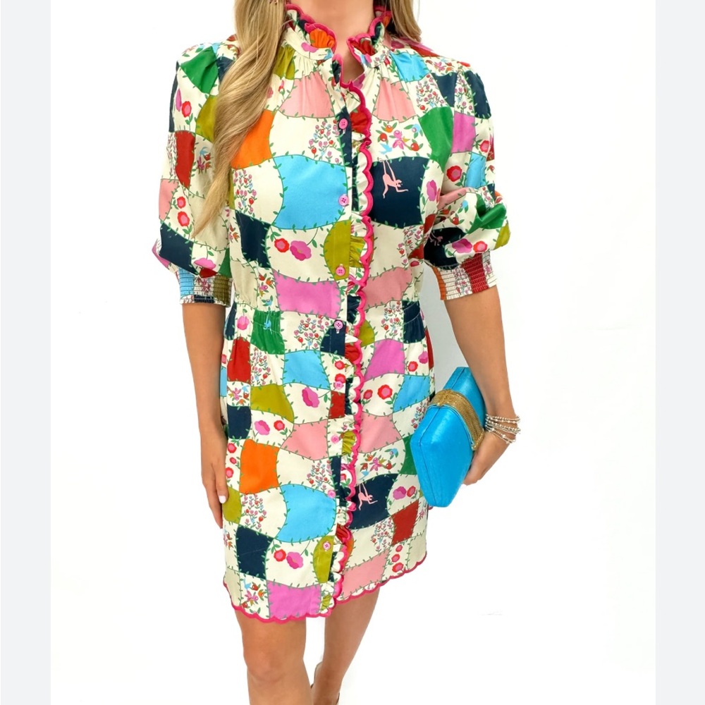Alden Adair Multicolored Patchwork Floral Button Dress with scalloped embroidery - Picture 6 of 7